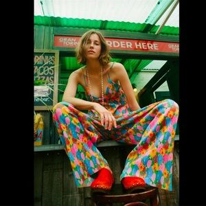 Zara Women's Floral Pleated Wide-Leg Pants Colorful Elastic Waist Pull-On Medium